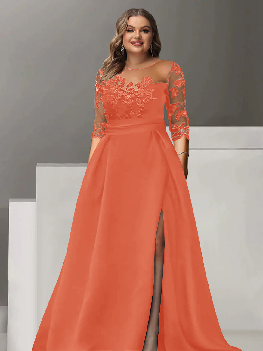 Sweetheart A-Line Princess Floor-Length Plus Size Mother of the Bride Dress with 3/4 Sleeves Lace & Side Split