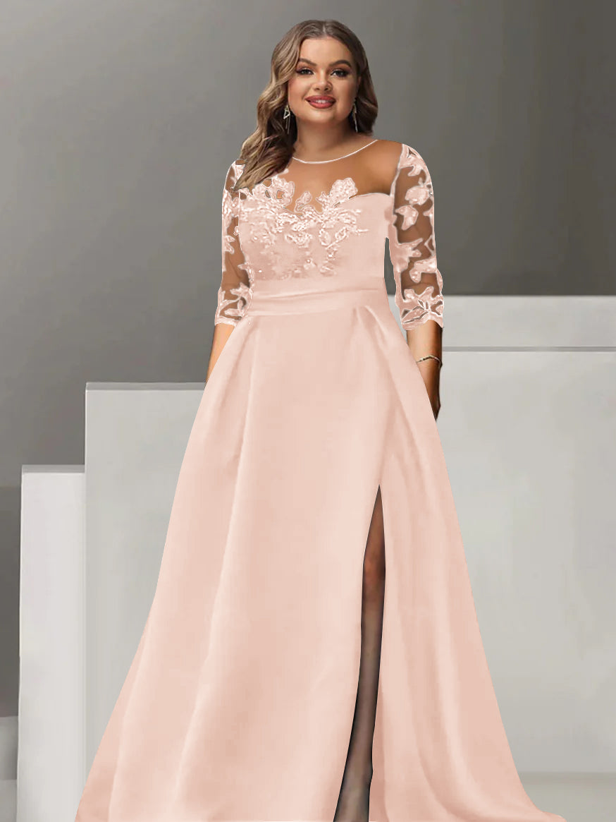 Sweetheart A-Line Princess Floor-Length Plus Size Mother of the Bride Dress with 3/4 Sleeves Lace & Side Split