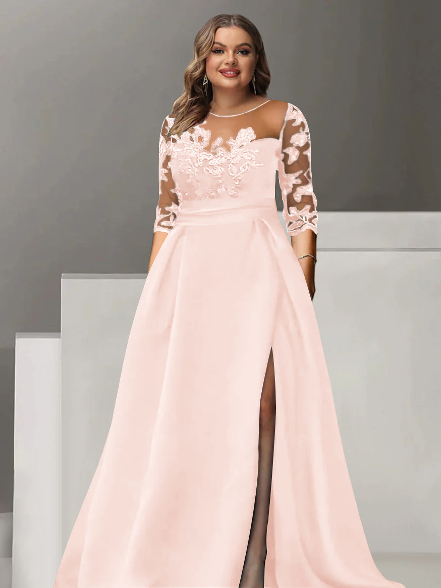 Sweetheart A-Line Princess Floor-Length Plus Size Mother of the Bride Dress with 3/4 Sleeves Lace & Side Split