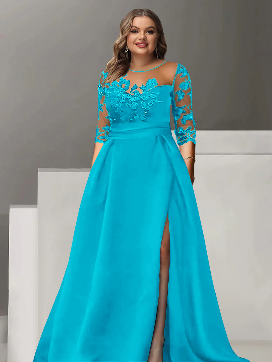 Sweetheart A-Line Princess Floor-Length Plus Size Mother of the Bride Dress with 3/4 Sleeves Lace & Side Split
