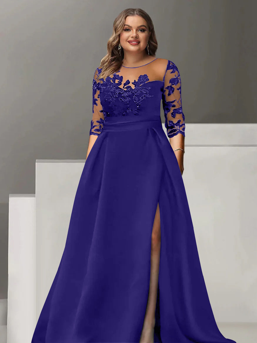 Sweetheart A-Line Princess Floor-Length Plus Size Mother of the Bride Dress with 3/4 Sleeves Lace & Side Split