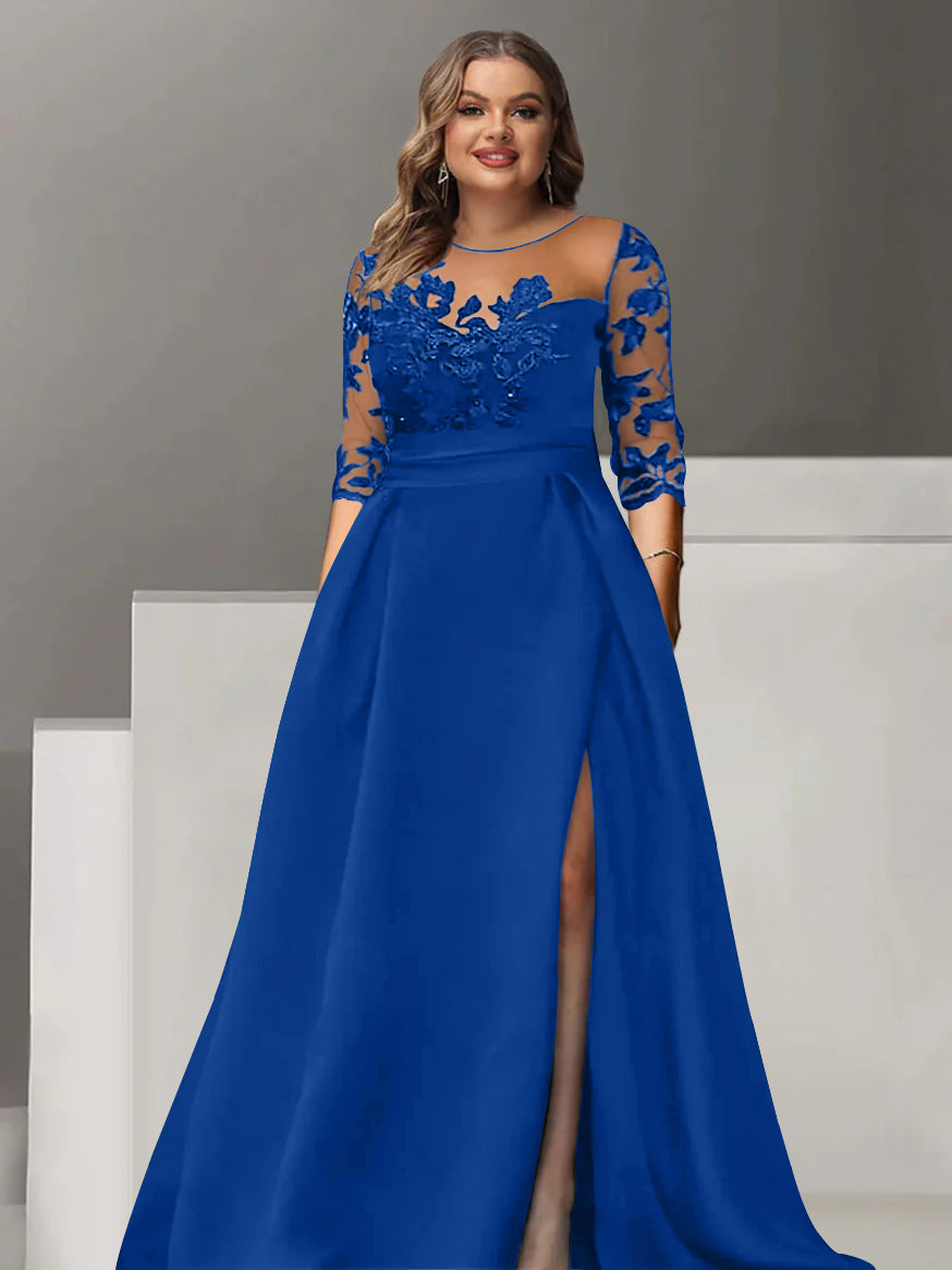 Sweetheart A-Line Princess Floor-Length Plus Size Mother of the Bride Dress with 3/4 Sleeves Lace & Side Split