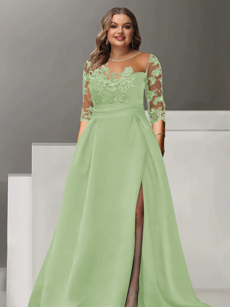 Sweetheart A-Line Princess Floor-Length Plus Size Mother of the Bride Dress with 3/4 Sleeves Lace & Side Split