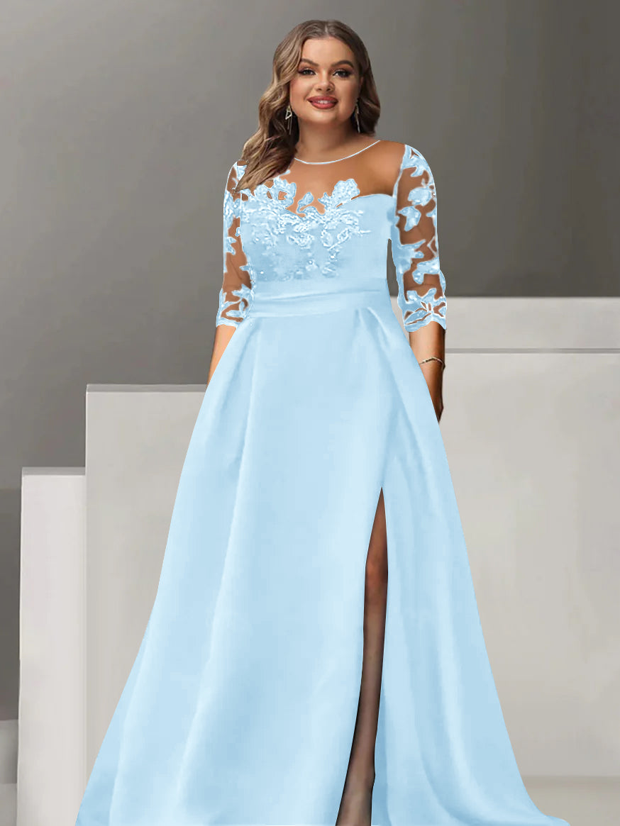 Sweetheart A-Line Princess Floor-Length Plus Size Mother of the Bride Dress with 3/4 Sleeves Lace & Side Split