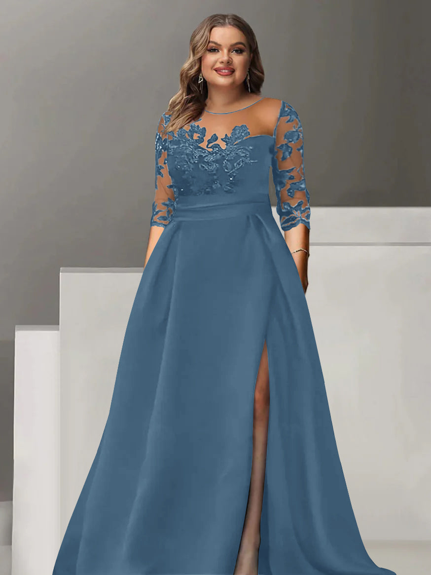 Sweetheart A-Line Princess Floor-Length Plus Size Mother of the Bride Dress with 3/4 Sleeves Lace & Side Split