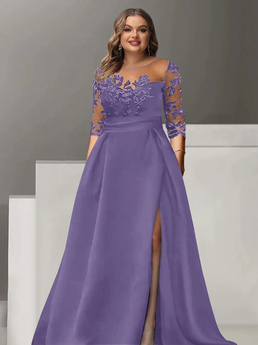 Sweetheart A-Line Princess Floor-Length Plus Size Mother of the Bride Dress with 3/4 Sleeves Lace & Side Split