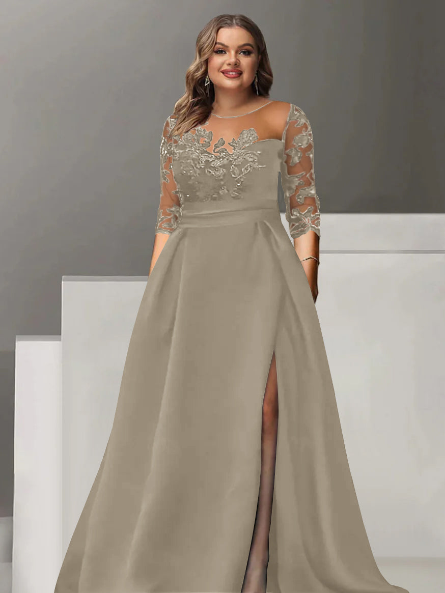 Sweetheart A-Line Princess Floor-Length Plus Size Mother of the Bride Dress with 3/4 Sleeves Lace & Side Split