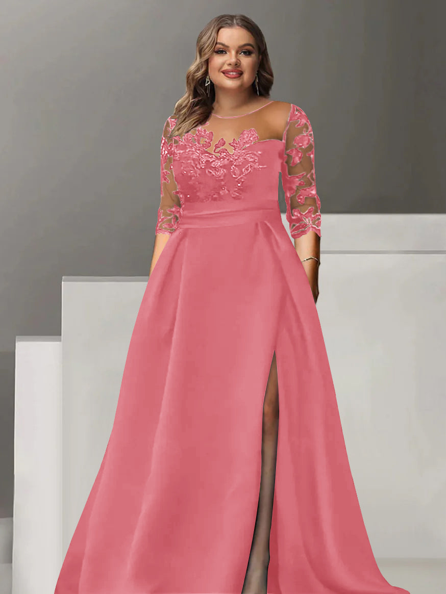 Sweetheart A-Line Princess Floor-Length Plus Size Mother of the Bride Dress with 3/4 Sleeves Lace & Side Split