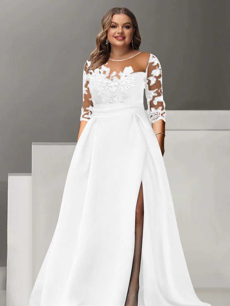 Sweetheart A-Line Princess Floor-Length Plus Size Mother of the Bride Dress with 3/4 Sleeves Lace & Side Split