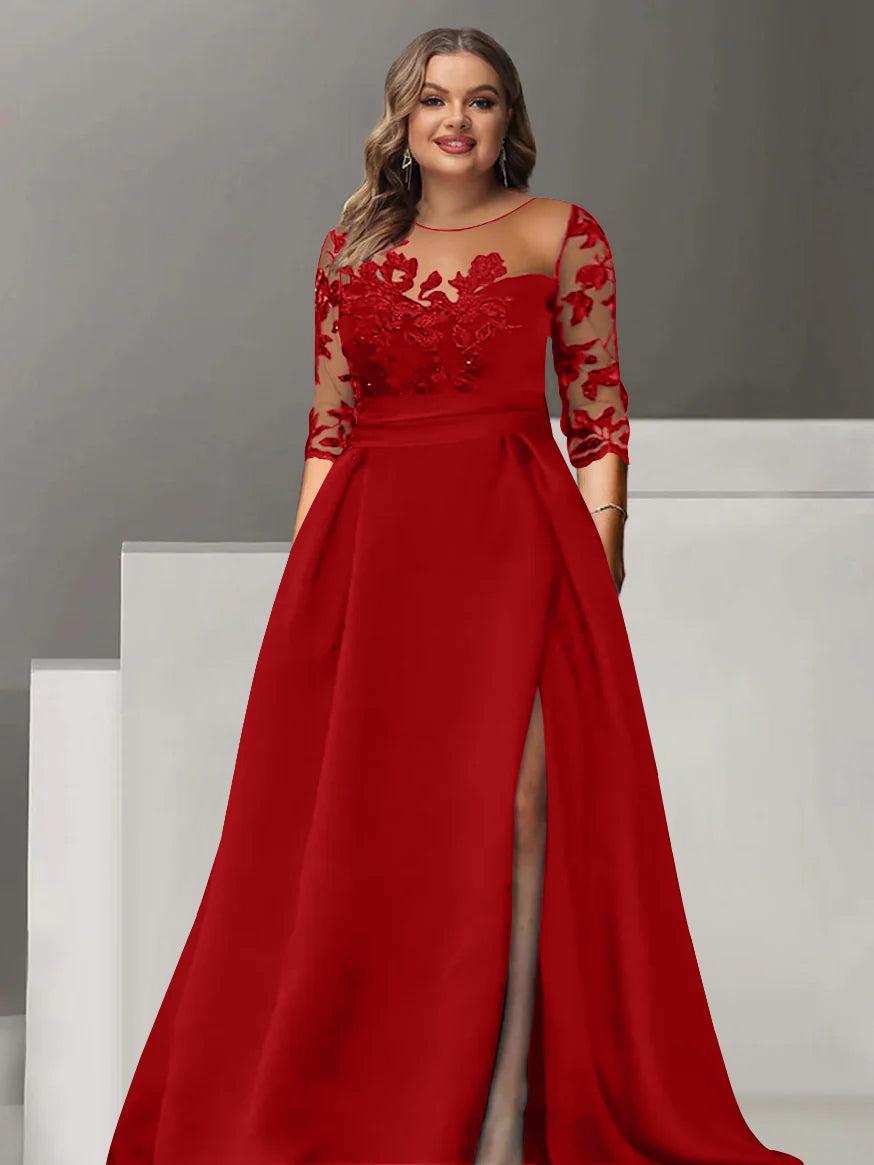 Sweetheart A-Line Princess Floor-Length Plus Size Mother of the Bride Dress with 3/4 Sleeves Lace & Side Split