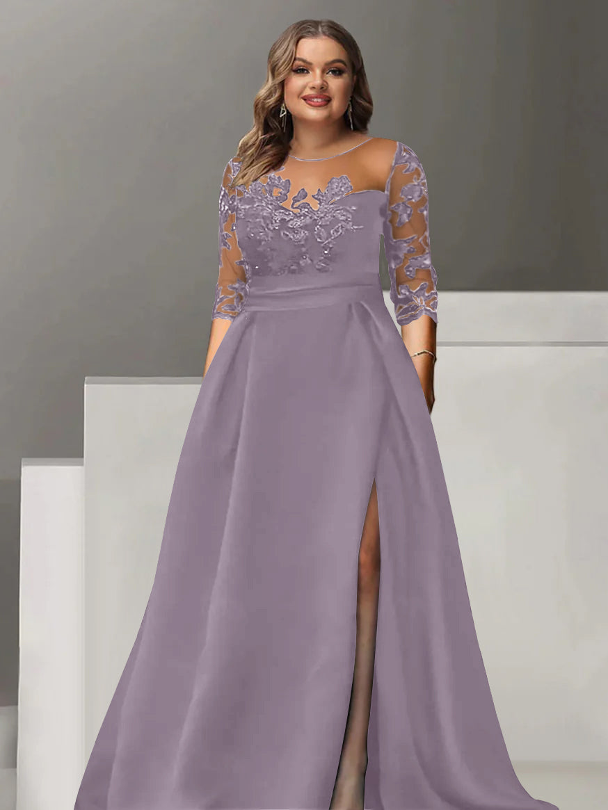 Sweetheart A-Line Princess Floor-Length Plus Size Mother of the Bride Dress with 3/4 Sleeves Lace & Side Split