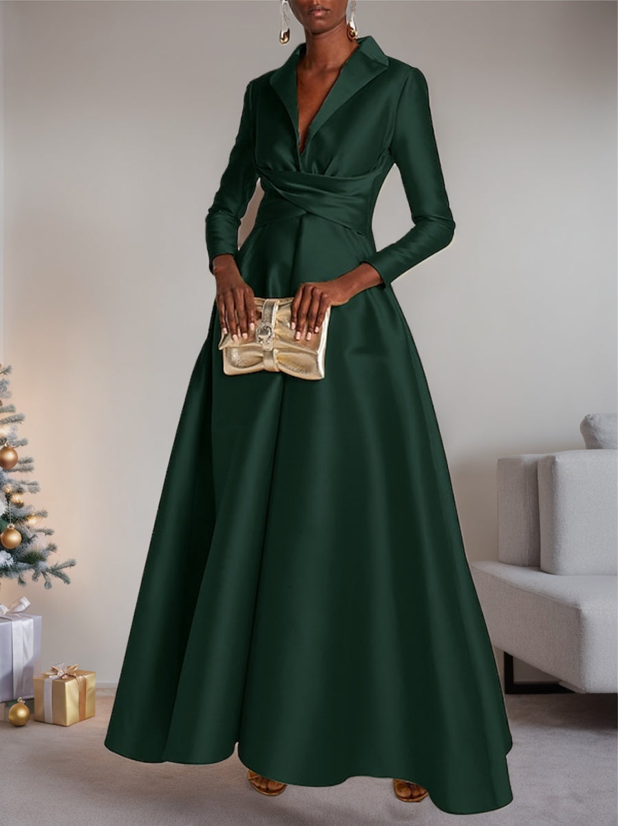 Floor-length V-Neck Evening Gowns with Long Sleeves in A-Line/Princess Cut