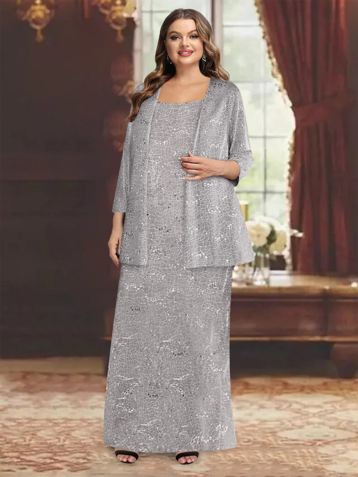 Ankle-length Chiffon Mother of the Bride Dress with Sequins and Jacket