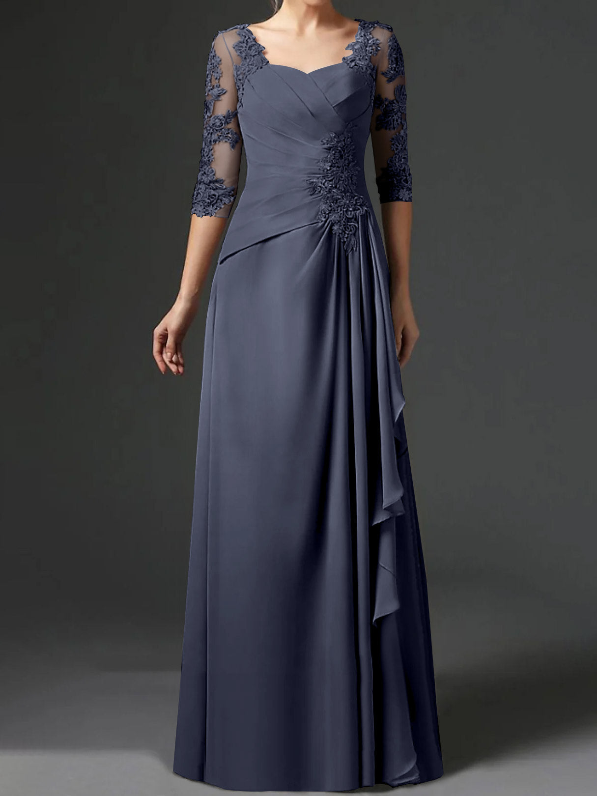 Floor-Length A-Line Princess Gown with Square Neck and Half Sleeves