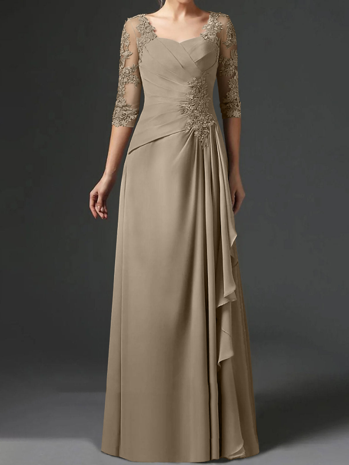 Floor-Length A-Line Princess Gown with Square Neck and Half Sleeves