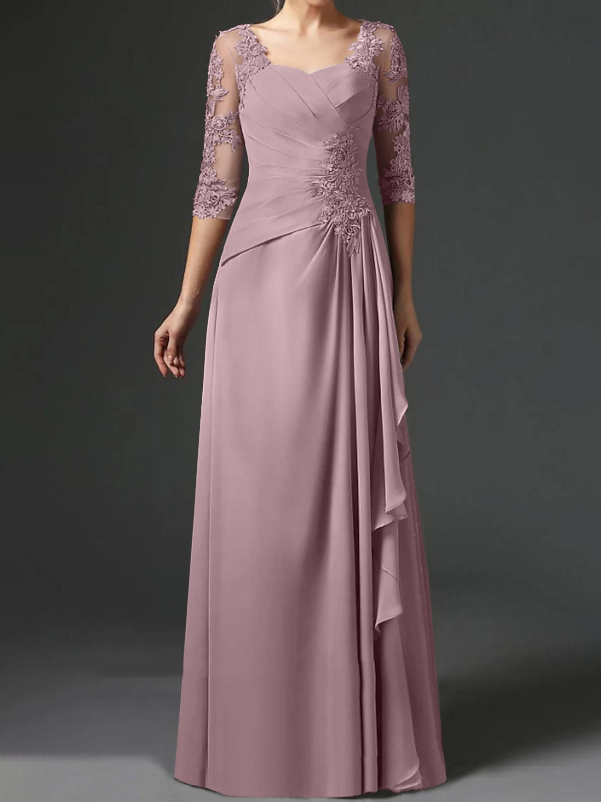 Floor-Length A-Line Princess Gown with Square Neck and Half Sleeves