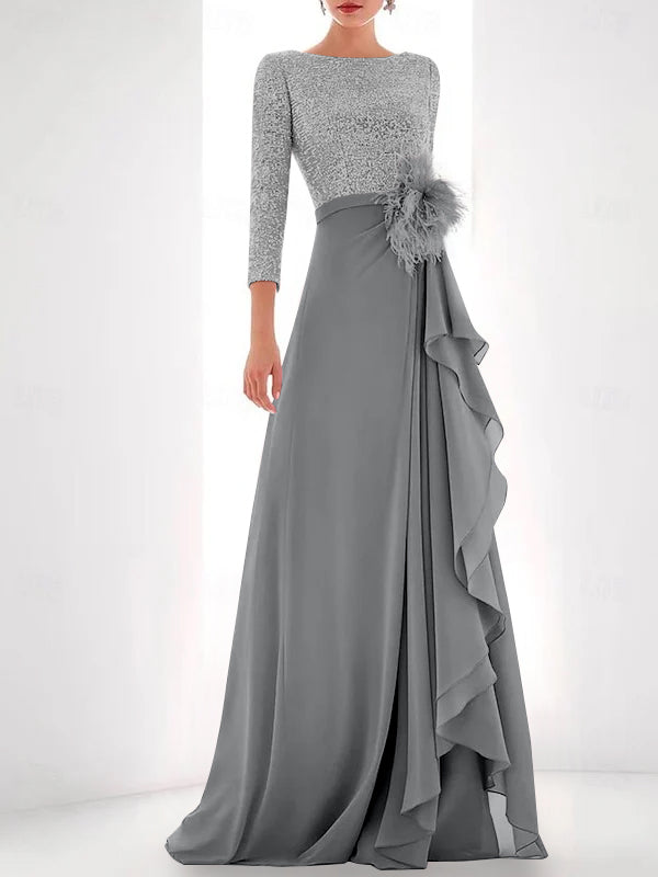 Asymmetrical A-Line Princess Jewel Neck Gown with Long Sleeves Sequin Feather and Pearl Details
