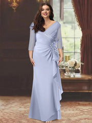 Plus Size Floor-Length V-Neck Sheath Mother of the Bride Dress with Ruffles and Appliques