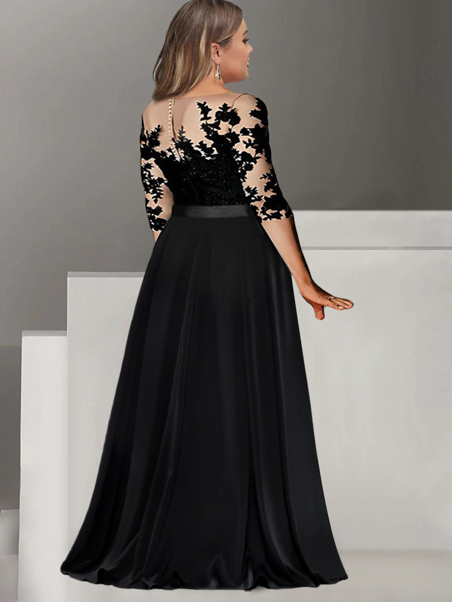 Plus Size Floor-Length Mother of the Bride & Groom A-Line Dress with Jewel Neck and 3/4 Sleeves