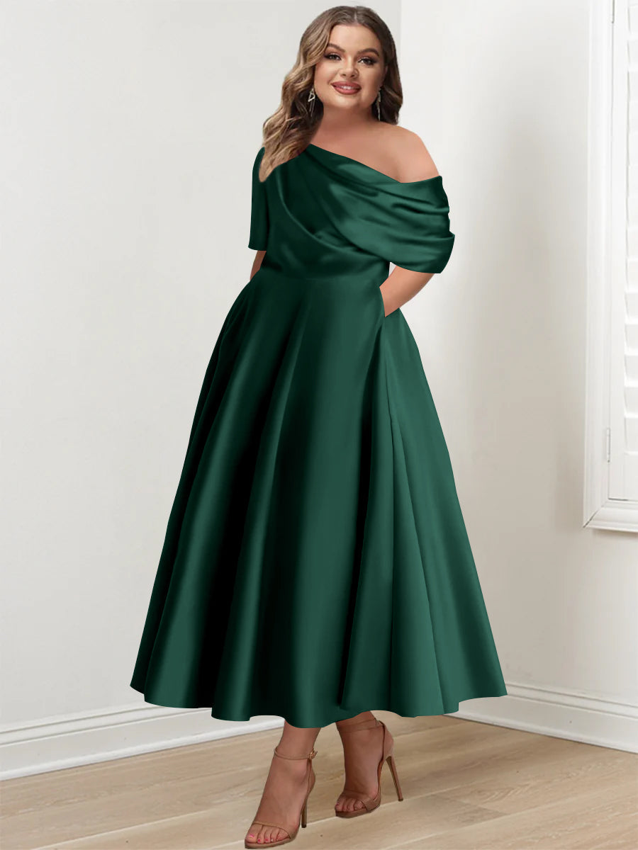 Plus Size A-Line Princess Ankle-Length One-Shoulder Mother of the Bride Dress with Ruffles and Half Sleeves