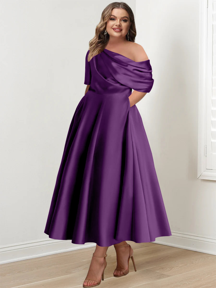 Plus Size A-Line Princess Ankle-Length One-Shoulder Mother of the Bride Dress with Ruffles and Half Sleeves
