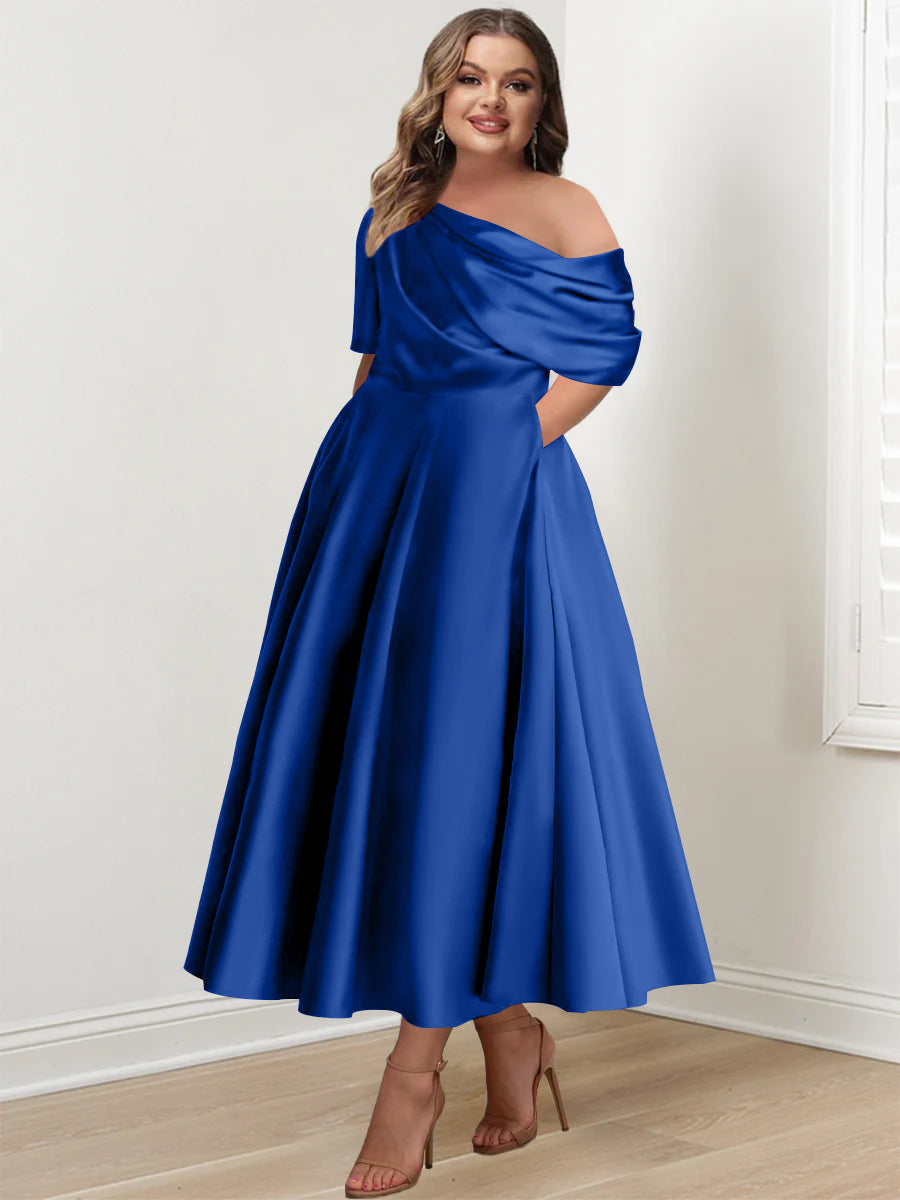 Plus Size A-Line Princess Ankle-Length One-Shoulder Mother of the Bride Dress with Ruffles and Half Sleeves