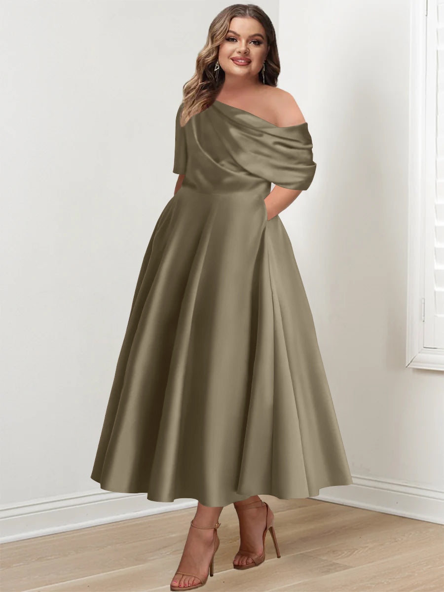 Plus Size A-Line Princess Ankle-Length One-Shoulder Mother of the Bride Dress with Ruffles and Half Sleeves
