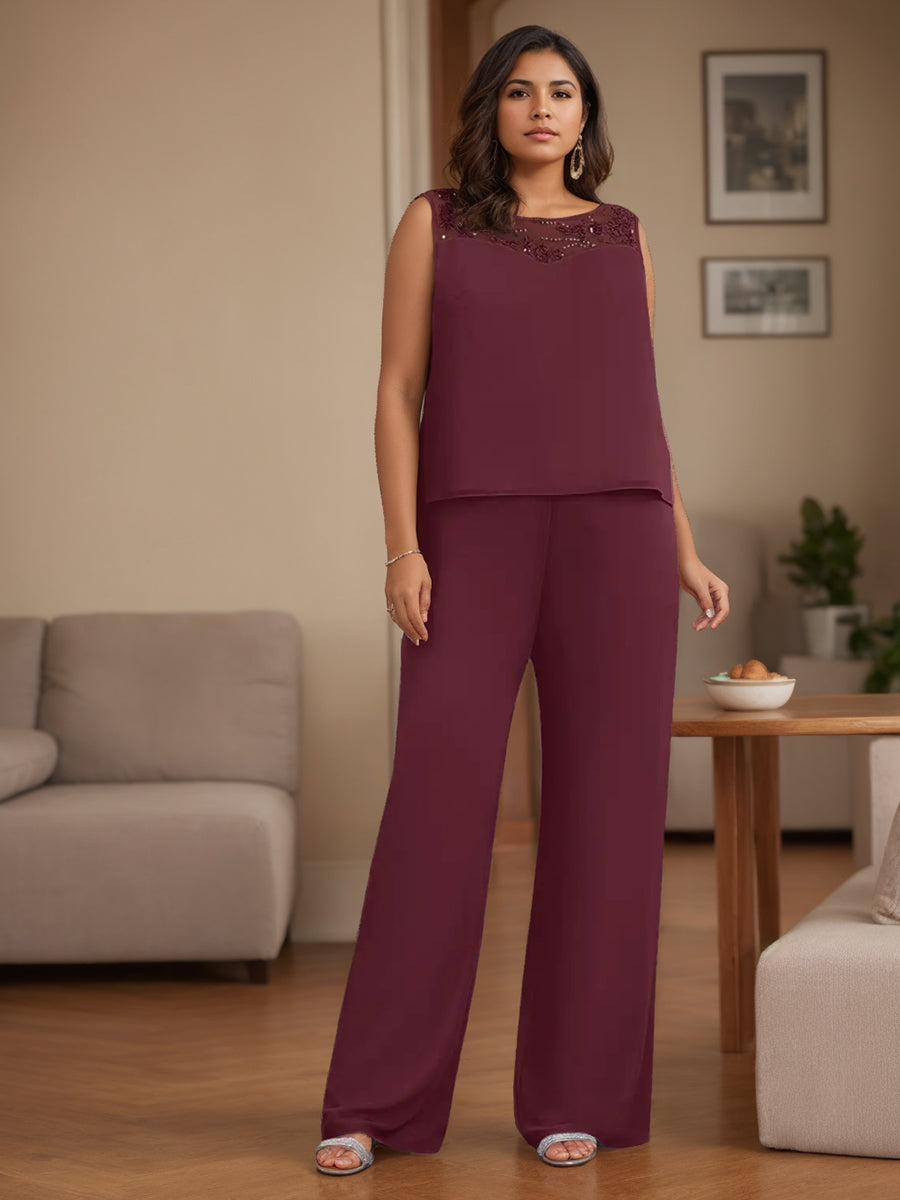 Plus Size 3-Piece Chiffon Pantsuit with Beaded Jacket Lace and Sequins for the Mother of the Bride