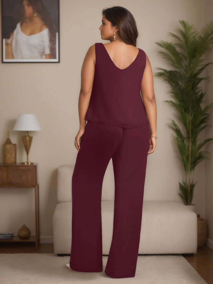 Plus Size 3-Piece Chiffon Pantsuit with Beaded Jacket Lace and Sequins for the Mother of the Bride