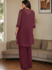 Plus Size 3-Piece Chiffon Pantsuit with Beaded Jacket Lace and Sequins for the Mother of the Bride