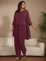 Plus Size 3-Piece Chiffon Pantsuit with Beaded Jacket Lace and Sequins for the Mother of the Bride