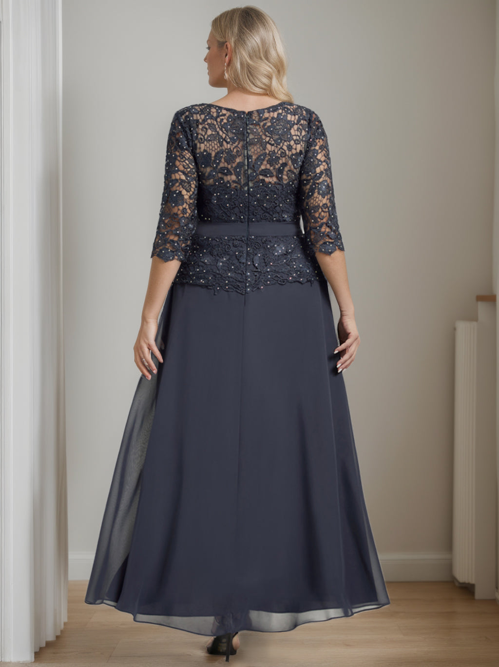 Plus Size A-Line Princess Scoop Neck Ankle-Length Mother of the Bride Dress with Beading and Rhinestones