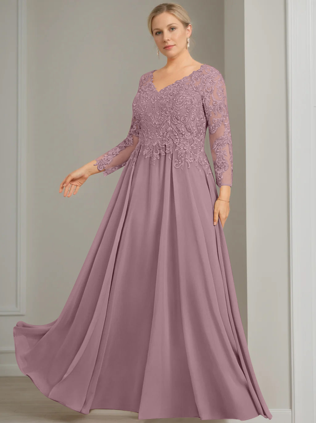 V-Neck A-Line Princess Gown with 3/4 Sleeves and Sequins for Plus-Size Mother of the Bride
