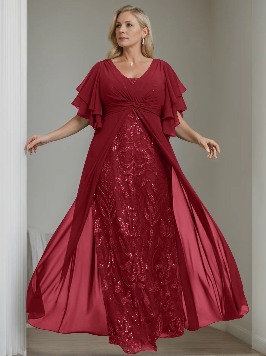 Plus Size Floor-Length Mother of the Bride A-Line Dress with V-Neck and Half Sleeves
