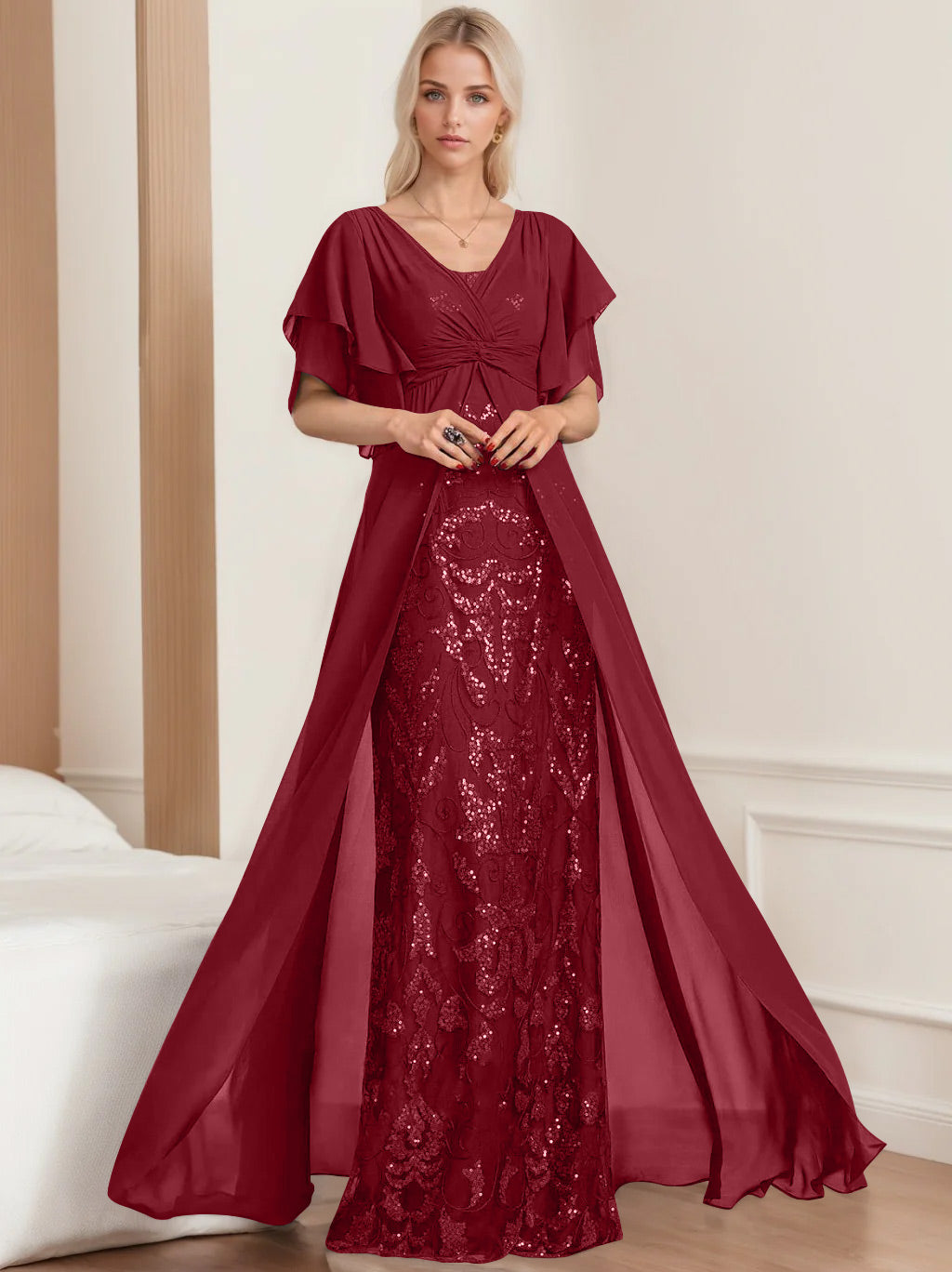 Plus Size Mother of the Bride A-Line Floor-Length Dress with V-Neck and Half Sleeves