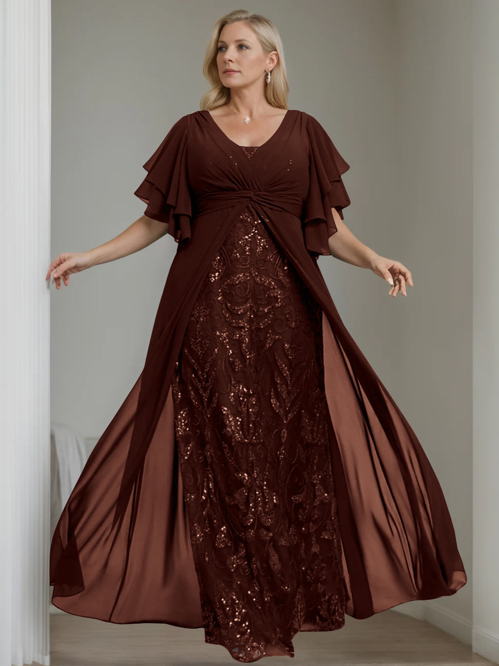 Plus Size Floor-Length Mother of the Bride A-Line Dress with V-Neck and Half Sleeves