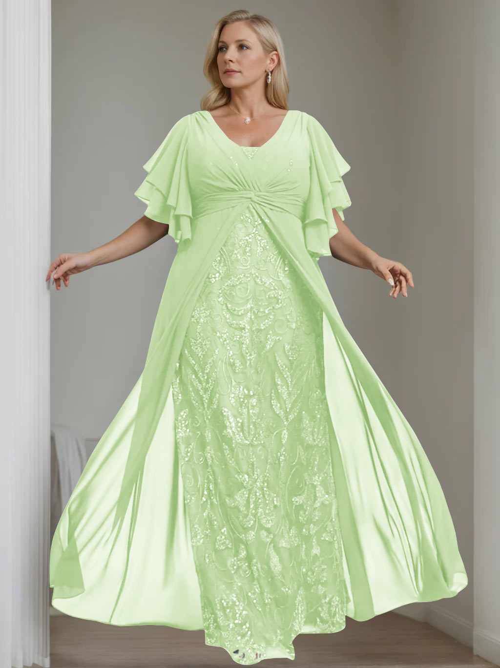 Plus Size Floor-Length Mother of the Bride A-Line Dress with V-Neck and Half Sleeves