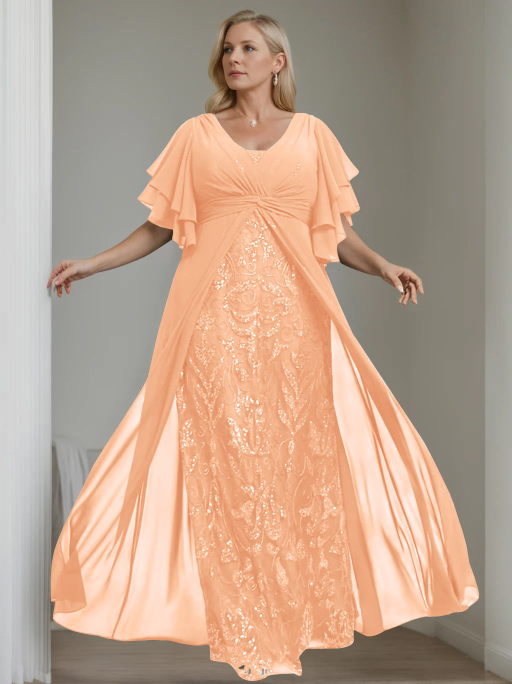 Plus Size Floor-Length Mother of the Bride A-Line Dress with V-Neck and Half Sleeves