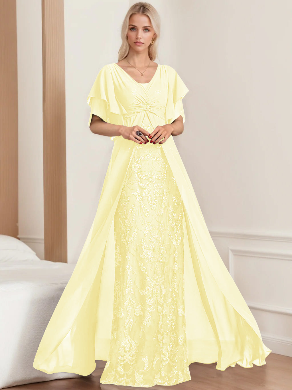 Plus Size Mother of the Bride A-Line Floor-Length Dress with V-Neck and Half Sleeves