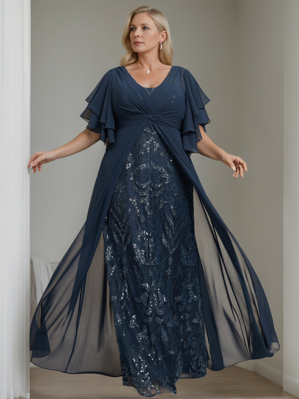 Plus Size Floor-Length Mother of the Bride A-Line Dress with V-Neck and Half Sleeves