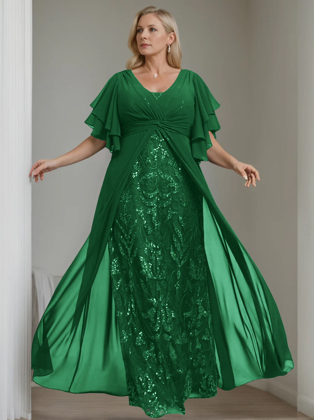 Plus Size Floor-Length Mother of the Bride A-Line Dress with V-Neck and Half Sleeves