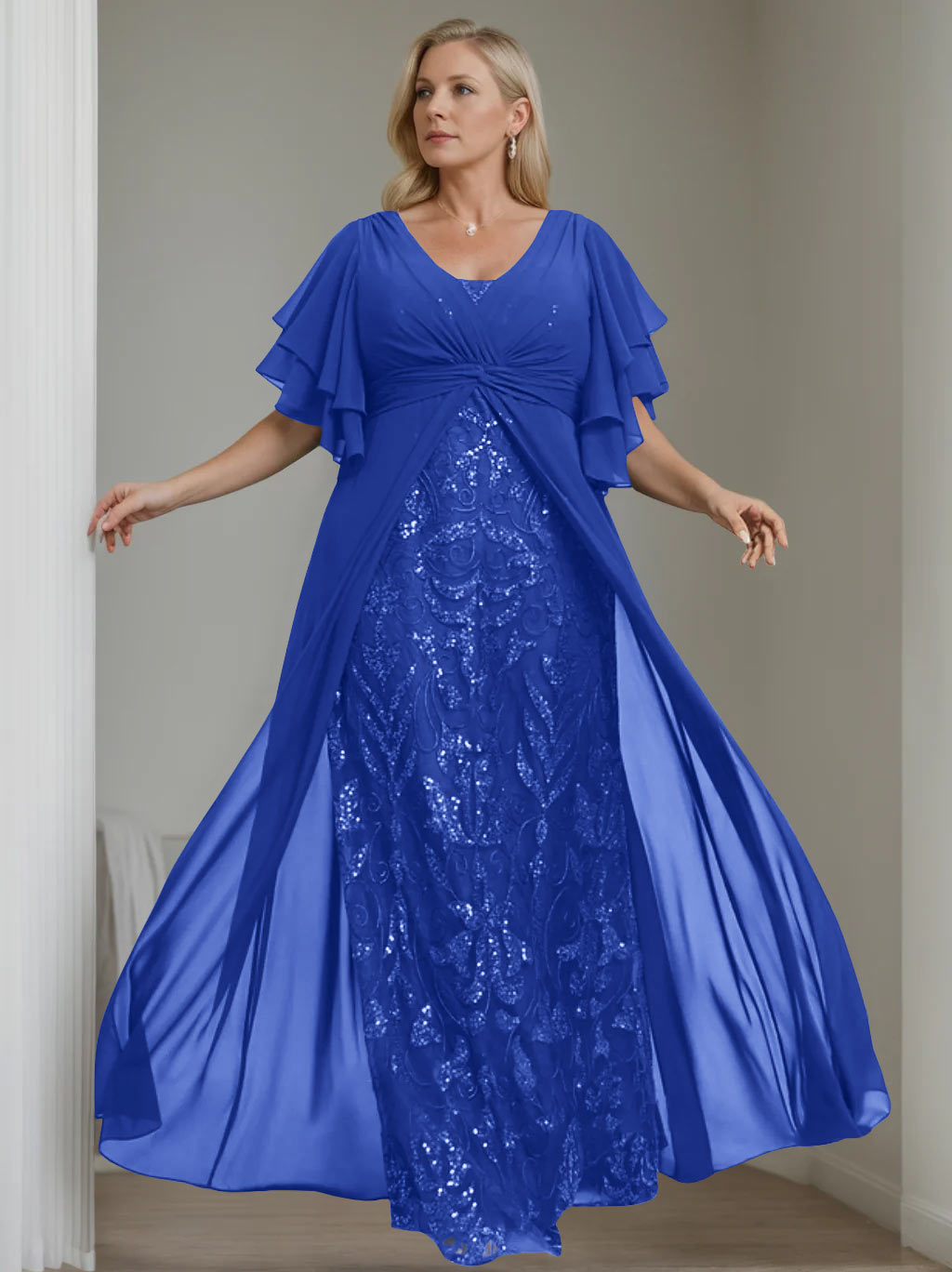 Plus Size Floor-Length Mother of the Bride A-Line Dress with V-Neck and Half Sleeves
