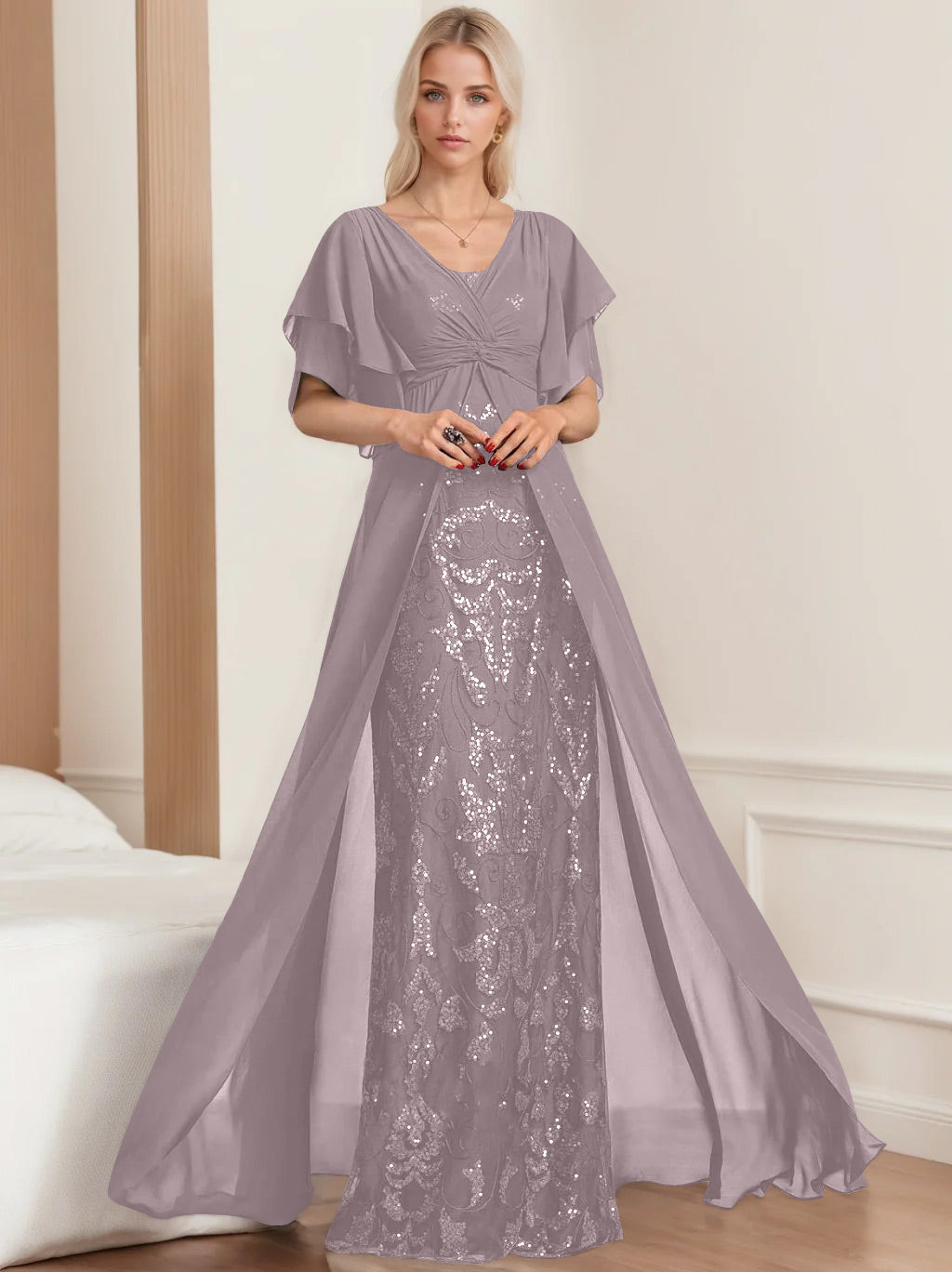 Plus Size Mother of the Bride A-Line Floor-Length Dress with V-Neck and Half Sleeves
