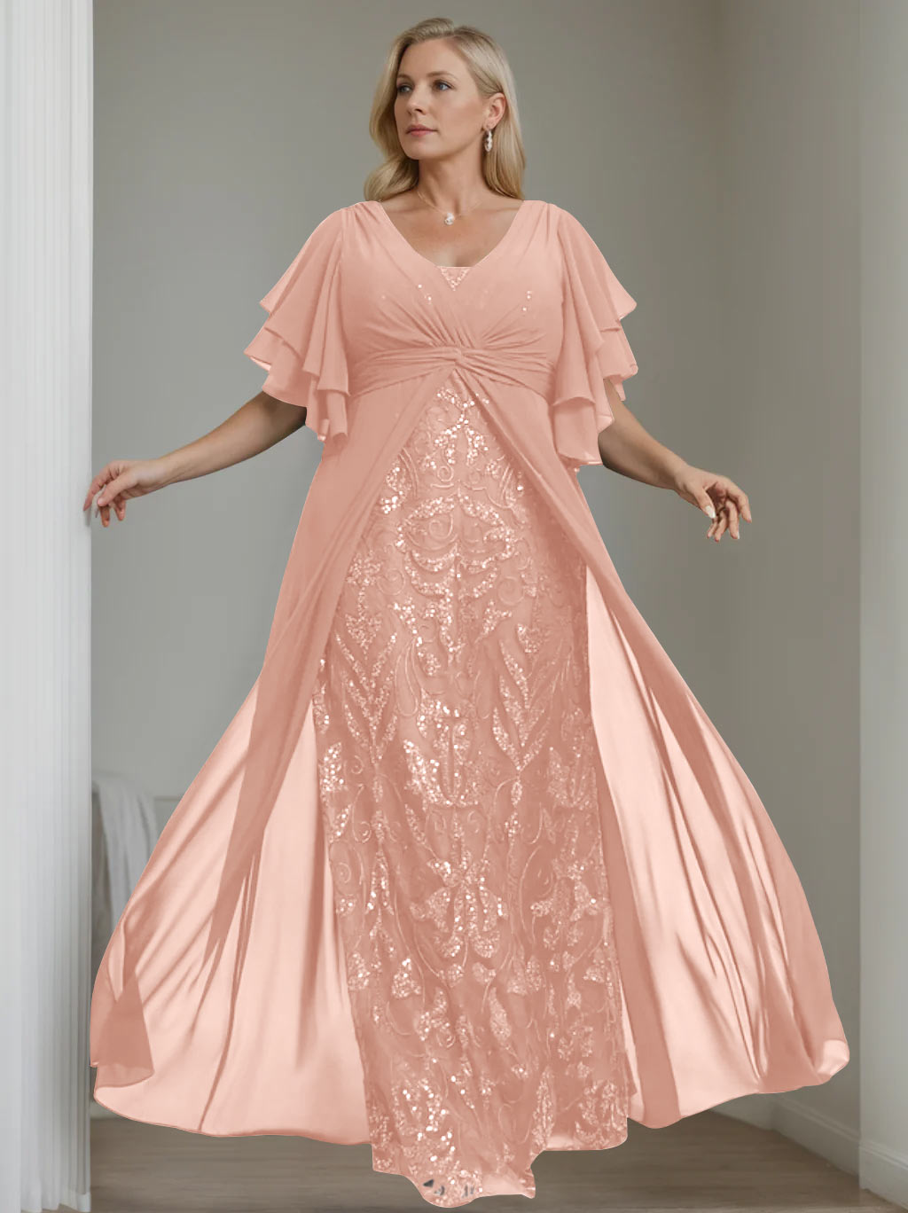 Plus Size Floor-Length Mother of the Bride A-Line Dress with V-Neck and Half Sleeves