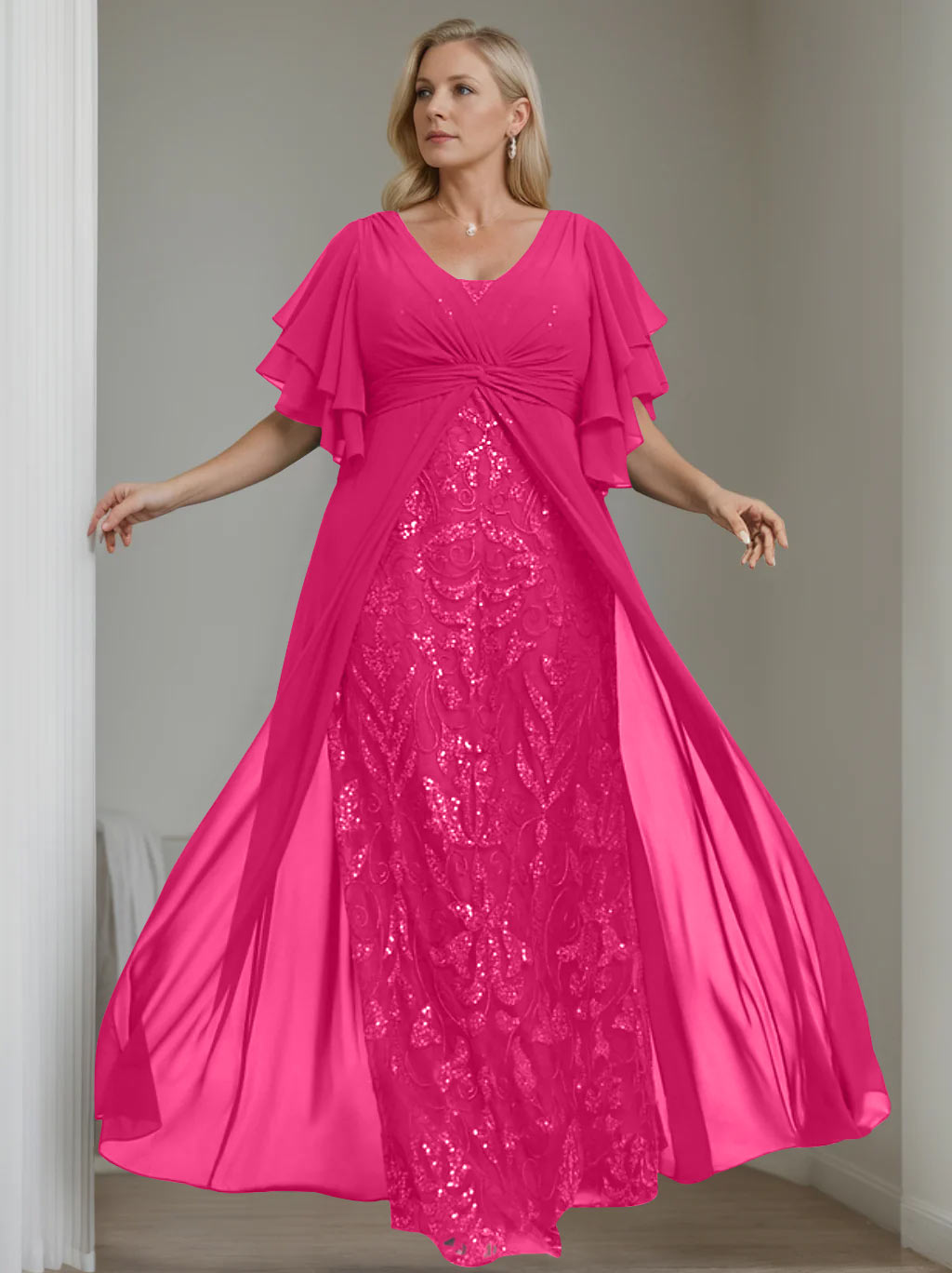 Plus Size Floor-Length Mother of the Bride A-Line Dress with V-Neck and Half Sleeves
