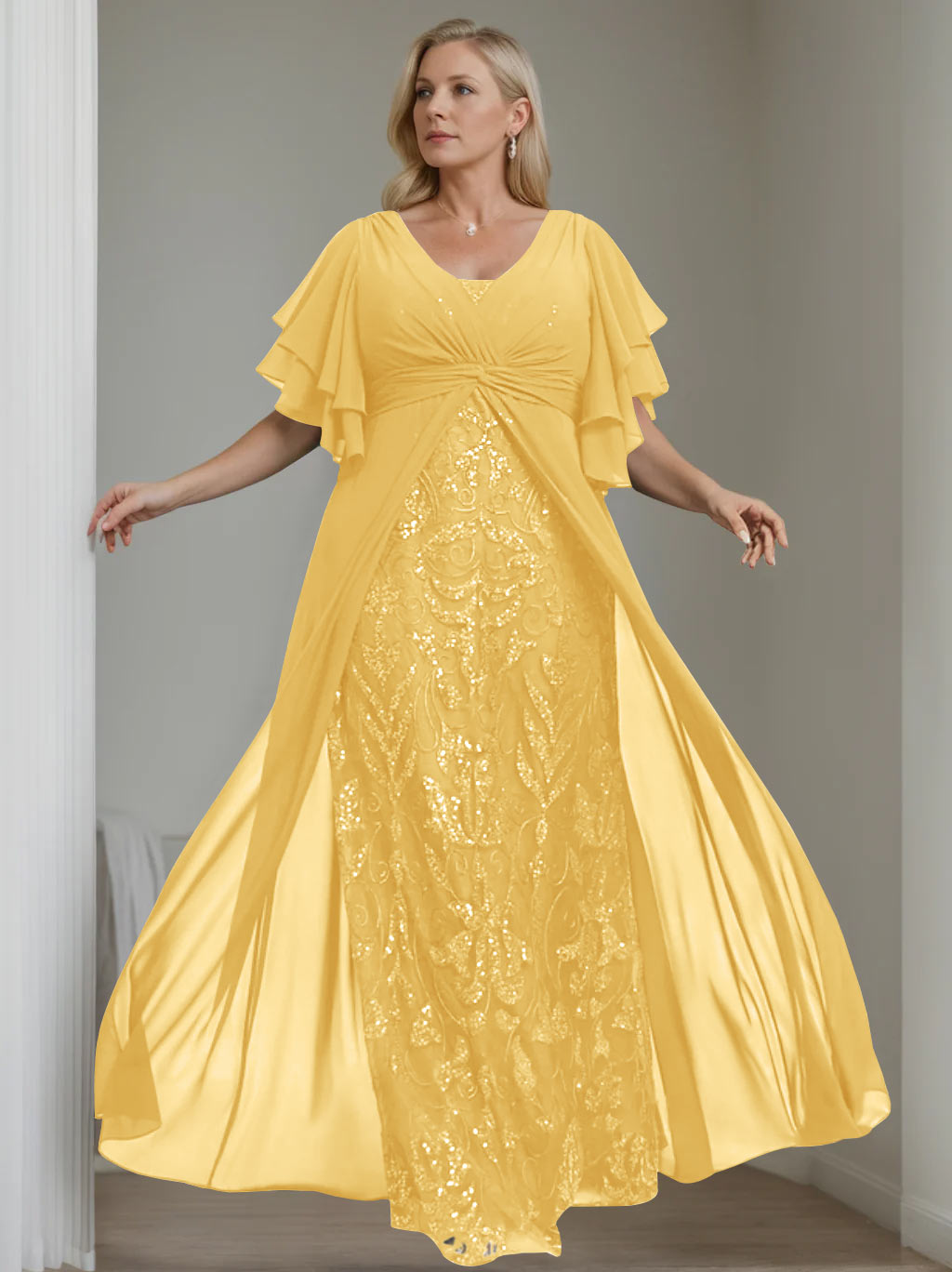 Plus Size Floor-Length Mother of the Bride A-Line Dress with V-Neck and Half Sleeves