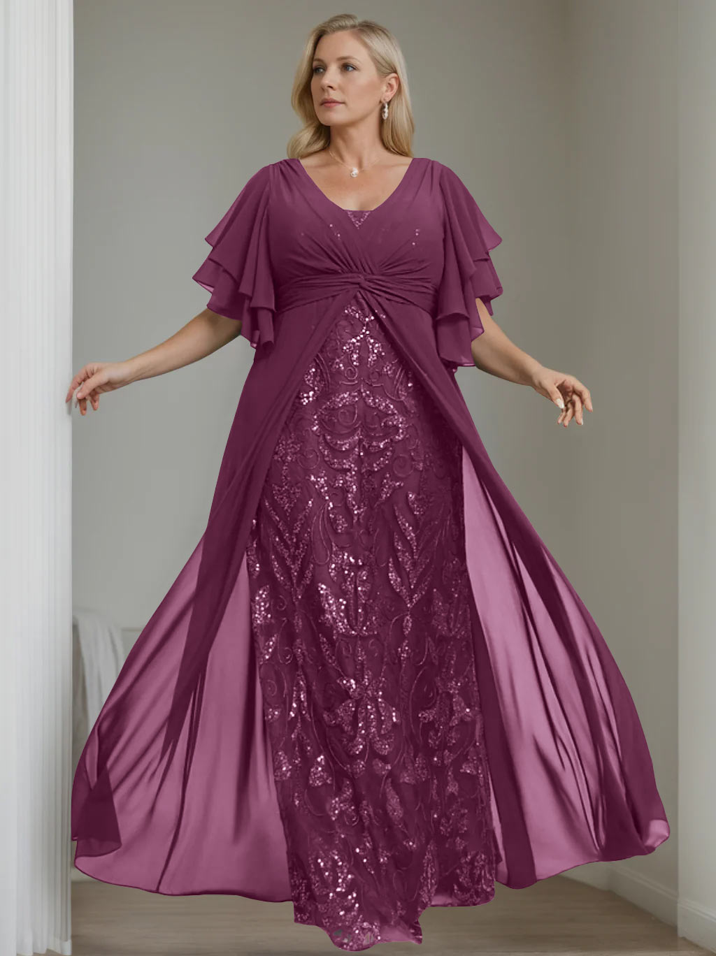 Plus Size Floor-Length Mother of the Bride A-Line Dress with V-Neck and Half Sleeves