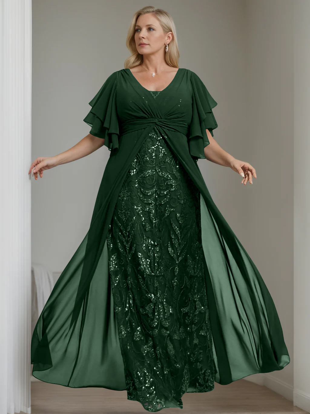 Plus Size Floor-Length Mother of the Bride A-Line Dress with V-Neck and Half Sleeves