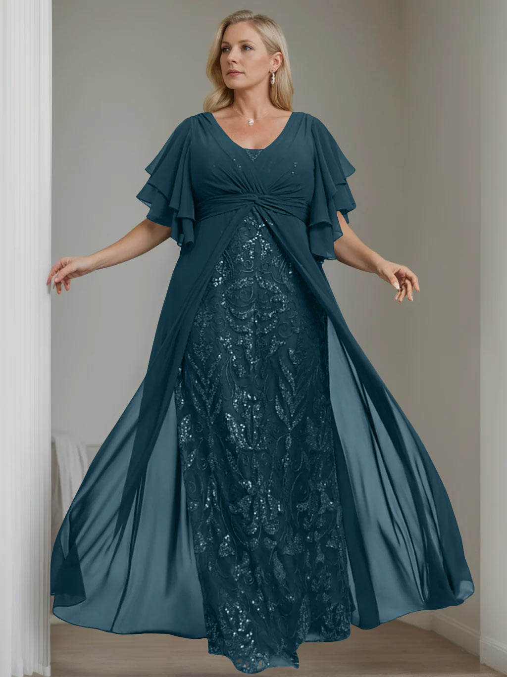Plus Size Floor-Length Mother of the Bride A-Line Dress with V-Neck and Half Sleeves