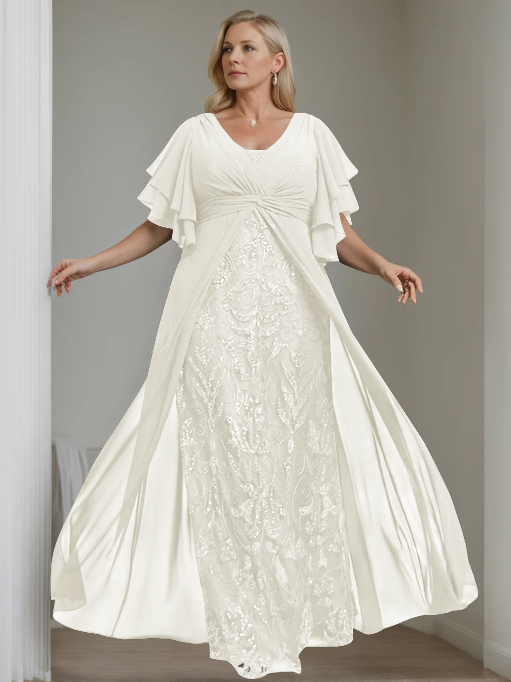 Plus Size Floor-Length Mother of the Bride A-Line Dress with V-Neck and Half Sleeves